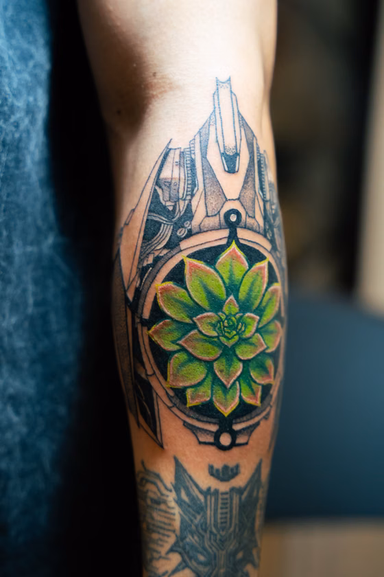 Mandala végétal en couleur sur le mollet (tatouage ornemental)