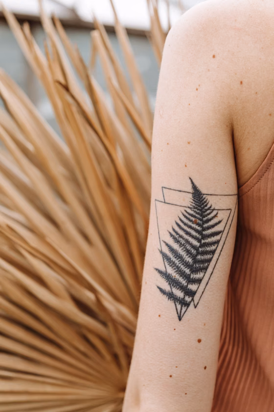 Fougère dans un cadre géométrique (tatouage blackwork)