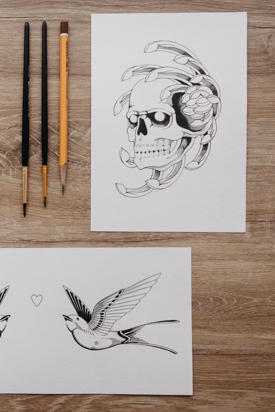 Flash : crâne et hirondelle (tatouage old school)